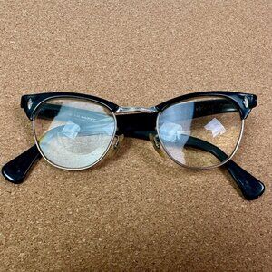 Vintage Clubmaster Style Cat-Eye Retro Glasses Black & Silver MCM